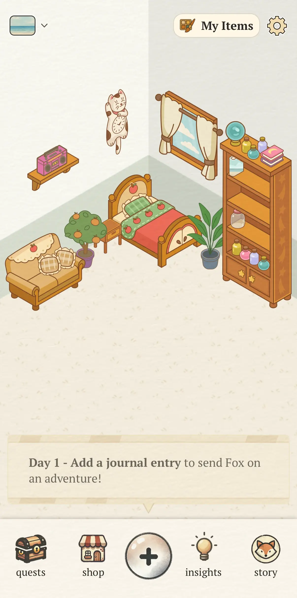 The fox's house in the Foxtale app: a cosy room with a bed, a sofa, a bookcase, a plant and a window